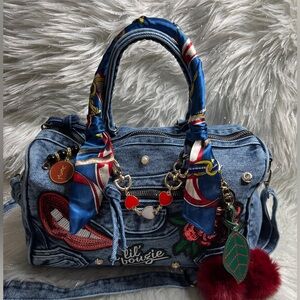 Denim Customized Junk RED LIPS Boston Bag